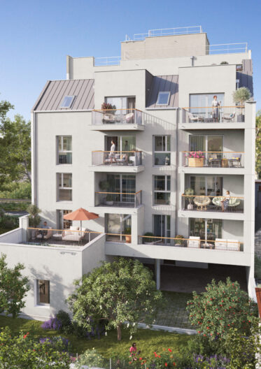 Extérieur du programme immobilier Le Flow situé à Rennes et vue sur les balcons de la résidence. Des logements neufs réalisés par Pierre Promotion.