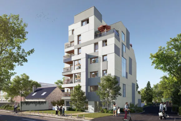 Extérieur du programme immobilier Le Flow situé à Rennes. Des logements neufs réalisés par Pierre Promotion.