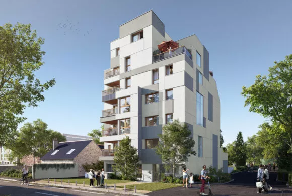 Extérieur du programme immobilier Le Flow situé à Rennes. Des logements neufs réalisés par Pierre Promotion.