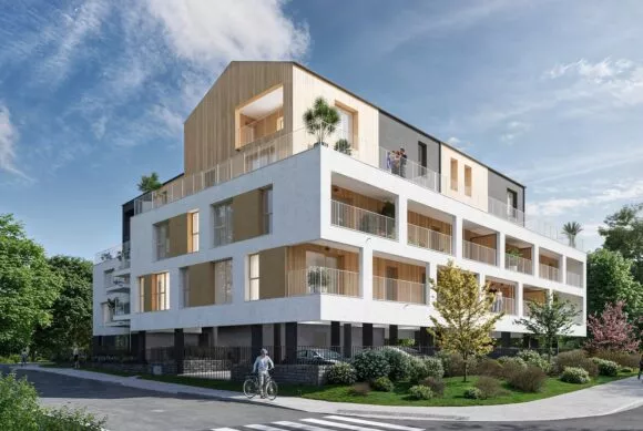 Extérieur de la résidence Maïa, vue sur les balcons et loggias pour des appartements lumineux. À Le Rheu, Rue de l'Hermitage, proche de Rennes Des appartements neufs réalisés par Pierre Promotion.